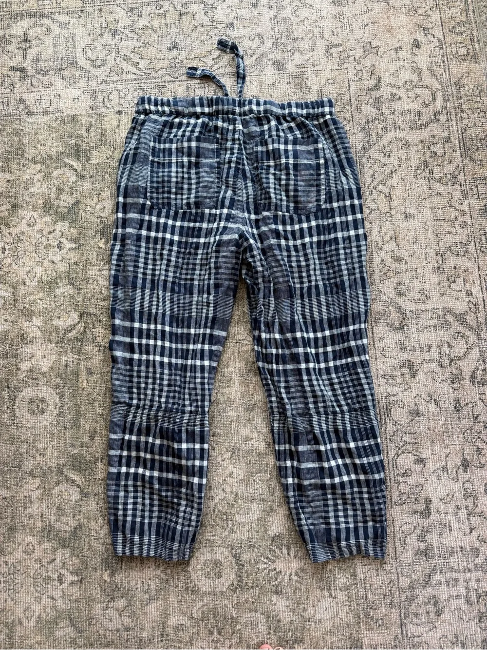 Everlane The Linen Pull On Barrel Pant 100% Linen Navy Plaid High Waist Size XL
